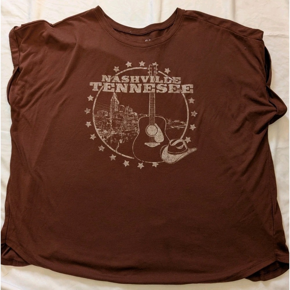 Terra & Sky 1X Women's Brown No Sleeve Nashville Graphic‎ Print T-Shirt